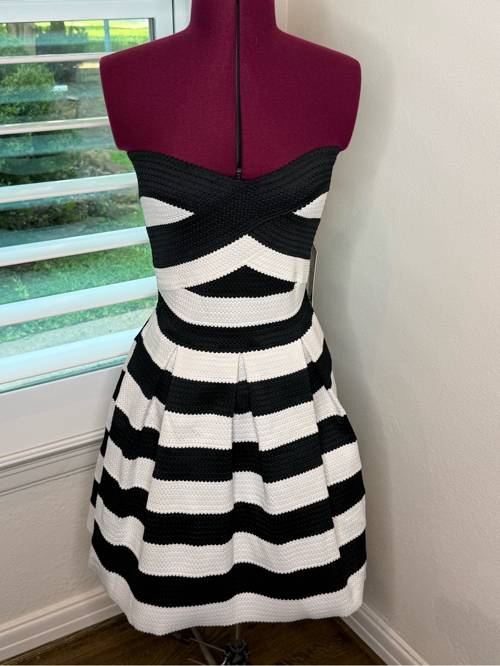 Express Strapless Black and White Striped Fit-and-Flare Dress
